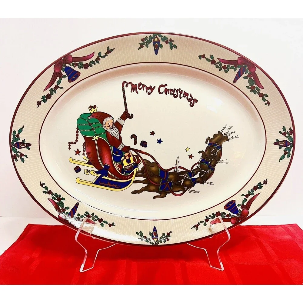 Vintage GEI Santa Sleigh Reindeer Christmas Serving Platter 14” Oval Tray